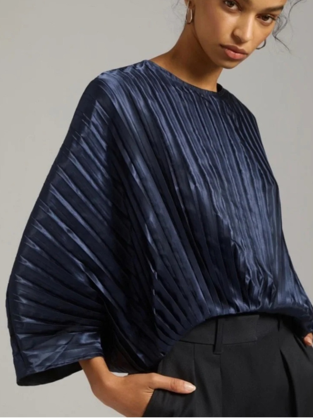Anthropologie Nikasha Pleated Blouse in Navy Blue | XL NWT - Picture 2 of 11